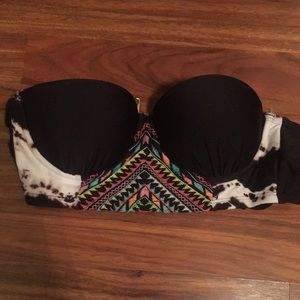 black strapless swimsuit with tribal design
